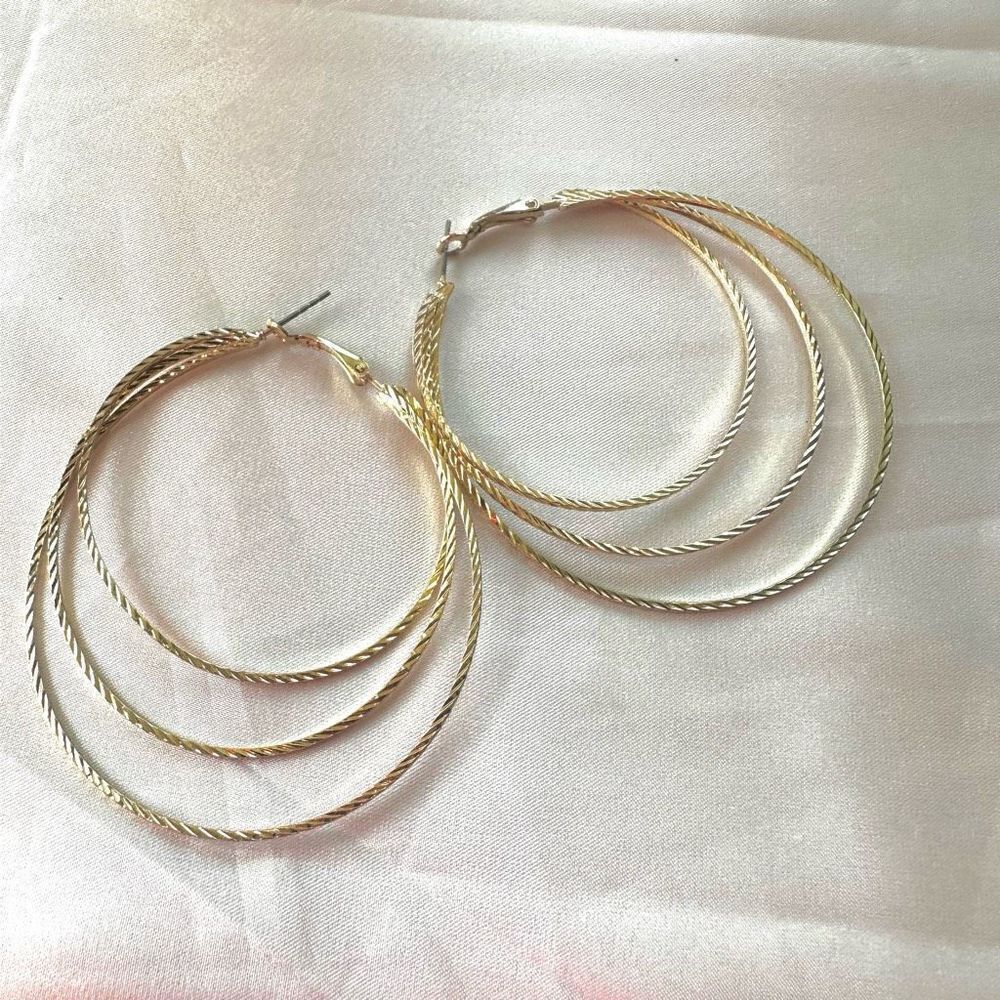 Gold tone 3 tier hoop statement earrings